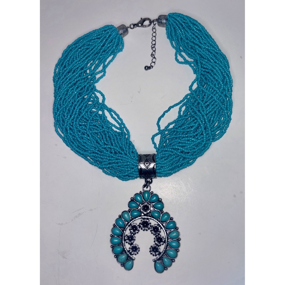 Vintage Turquoise Squash Blossom‎ Necklace 30 Strand Southwestern Style 28"